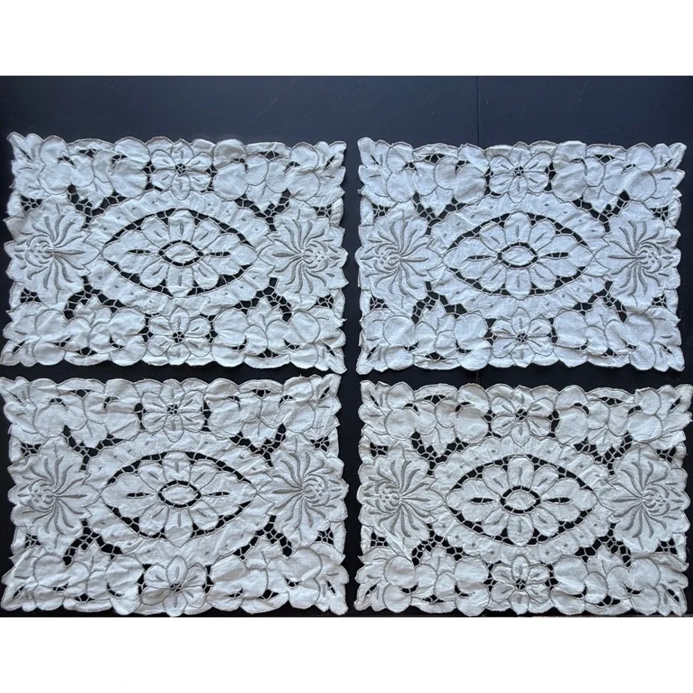 Vintage Off White Cutwork Lace Placemats Set 4 Floral Embroidery Scalloped Edge